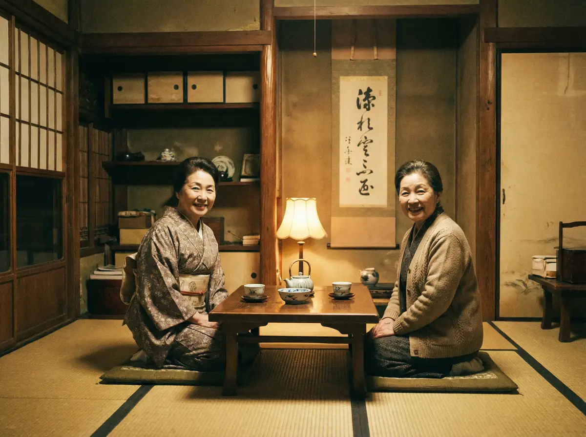 两位优雅的 365体育亚洲app 在日式茶室中品茶交谈
